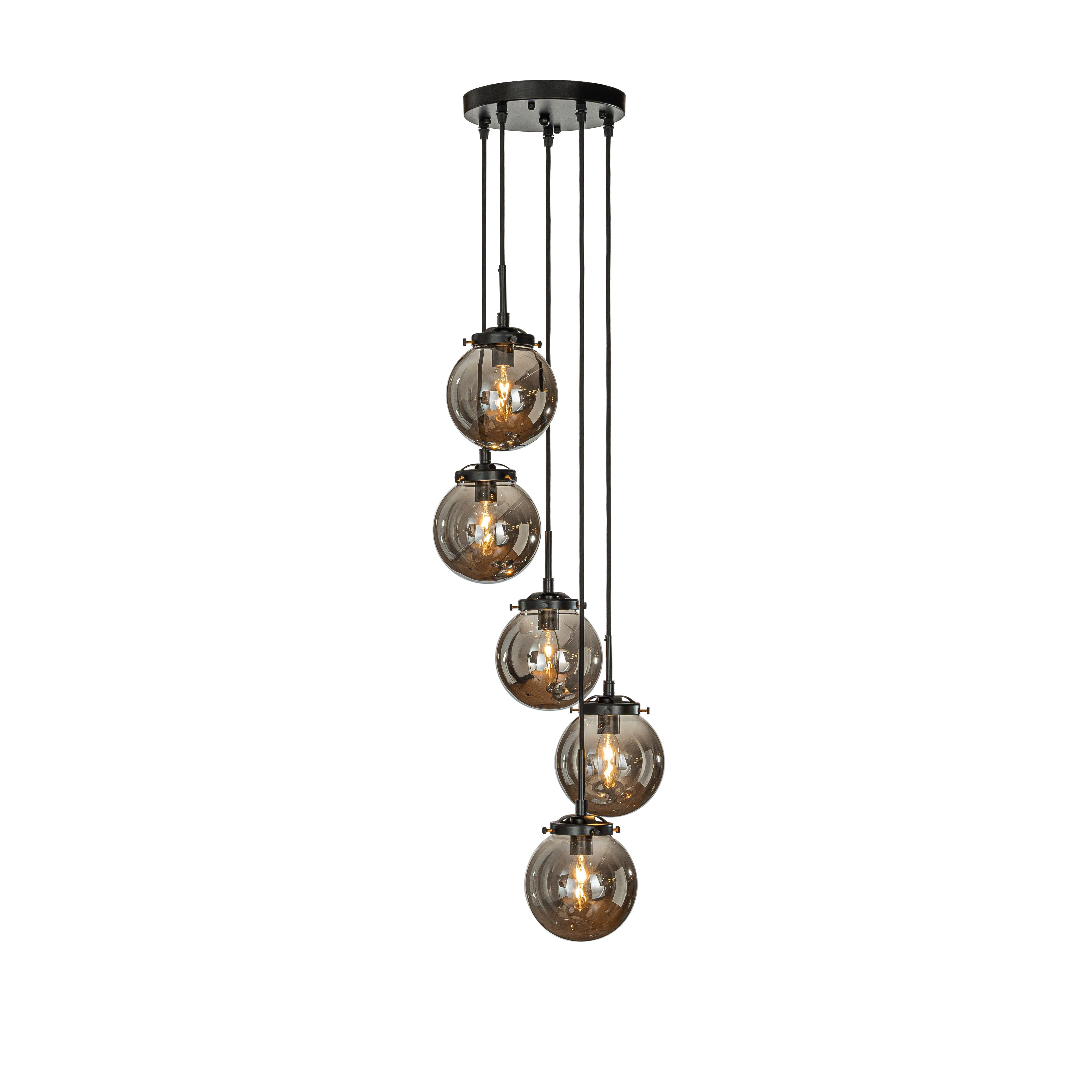 Matte Black Chandelier Light with 5 Smoke Globe Bulbs | Modern Design for Stunning Ambiance