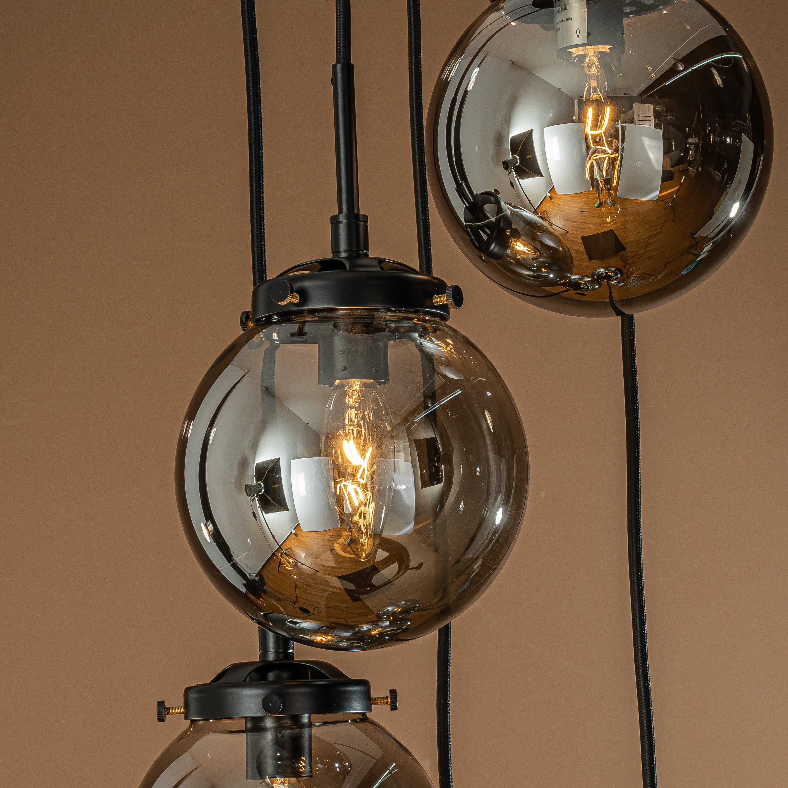 Matte Black Chandelier Light with 5 Smoke Globe Bulbs | Modern Design for Stunning Ambiance