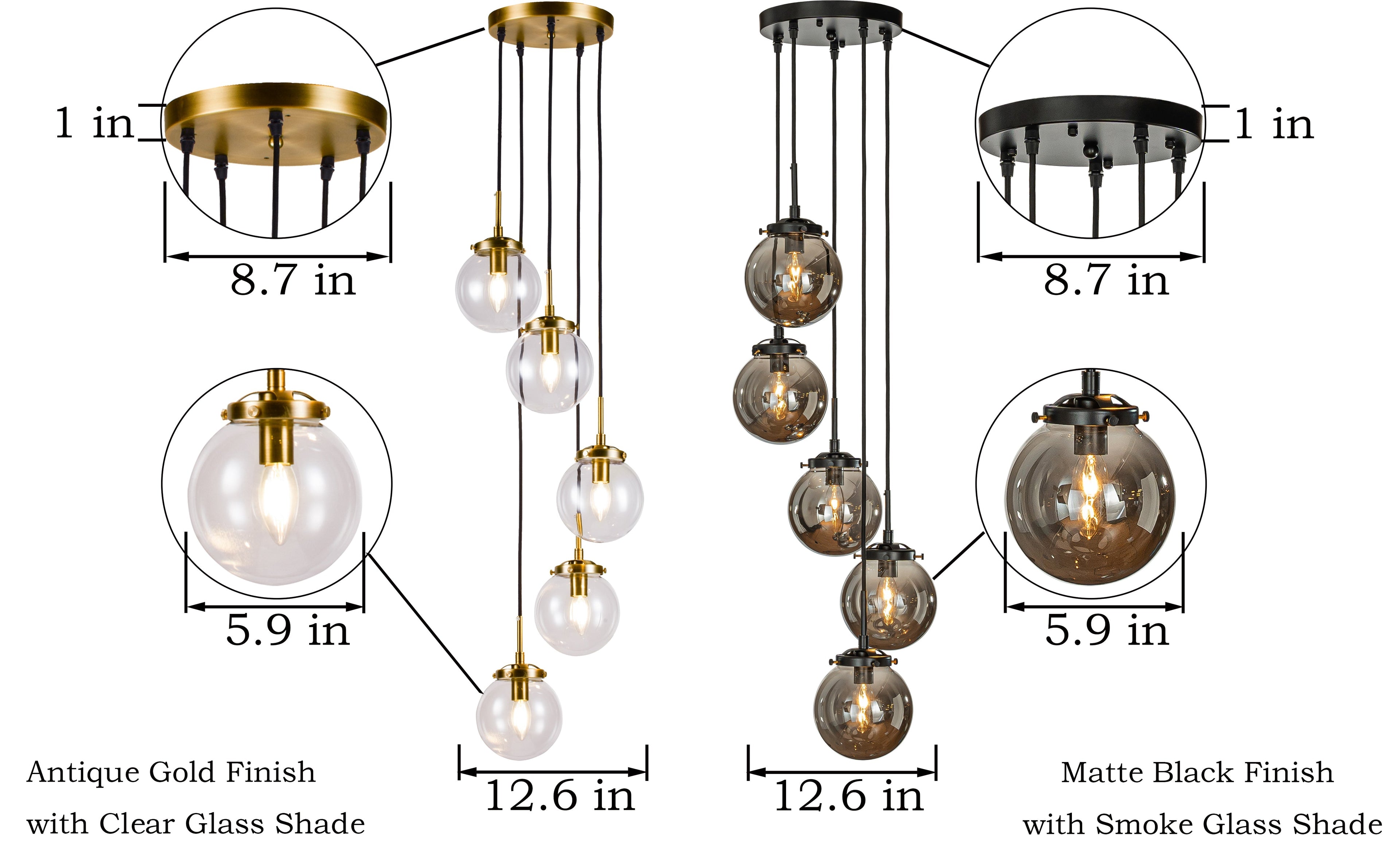 Matte Black Chandelier Light with 5 Smoke Globe Bulbs | Modern Design for Stunning Ambiance