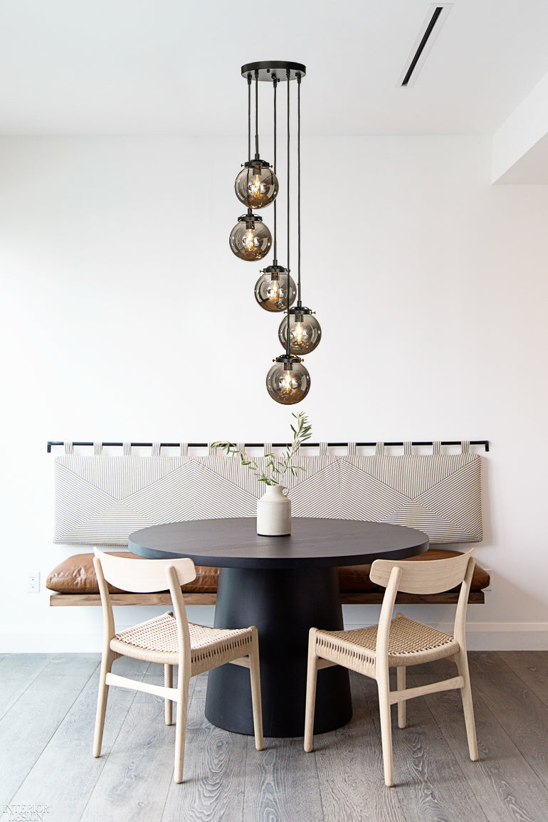 Matte Black Chandelier Light with 5 Smoke Globe Bulbs | Modern Design for Stunning Ambiance