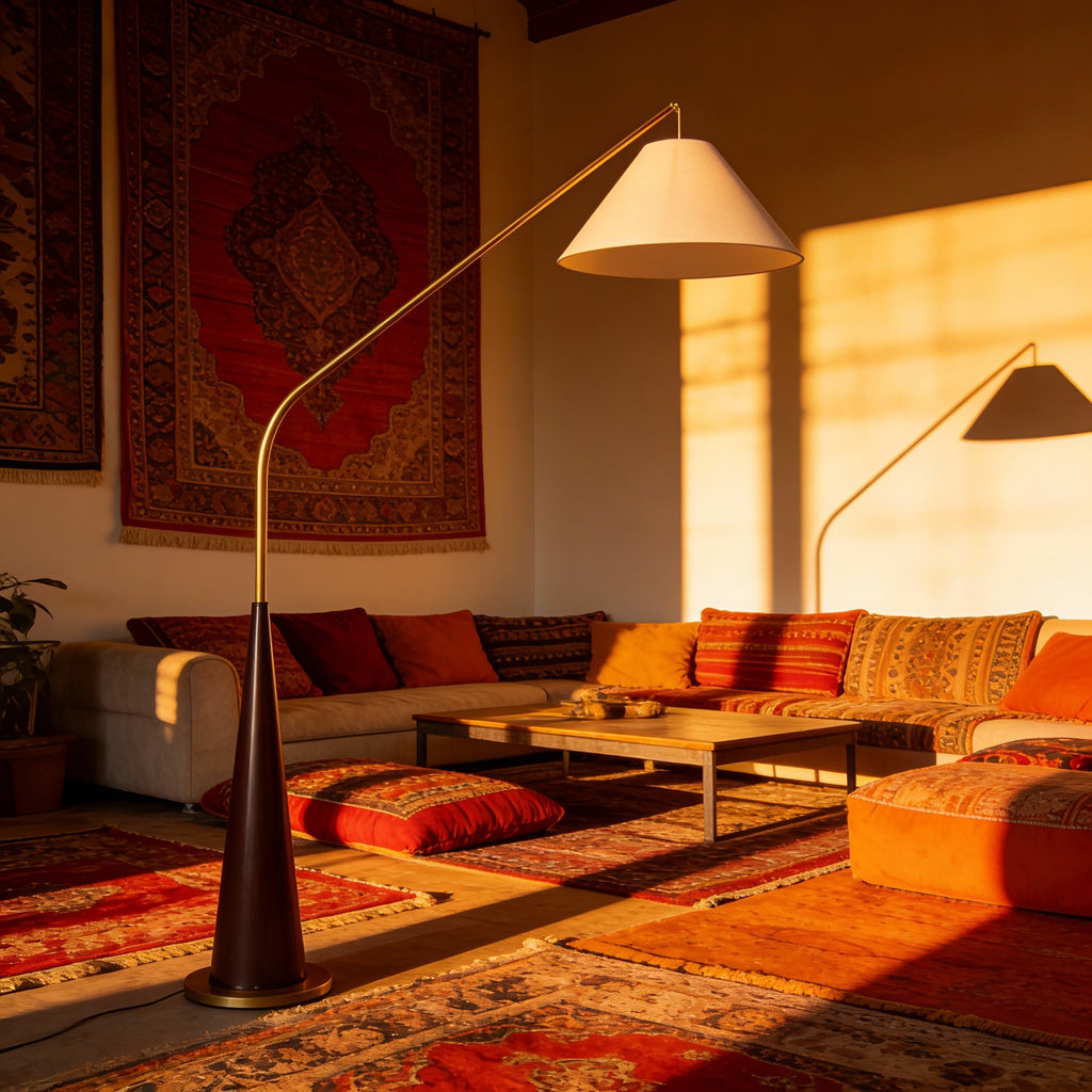 Modern Arc Floor Lamp with Wooden Base - Soft Ambient Lighting for Living Rooms