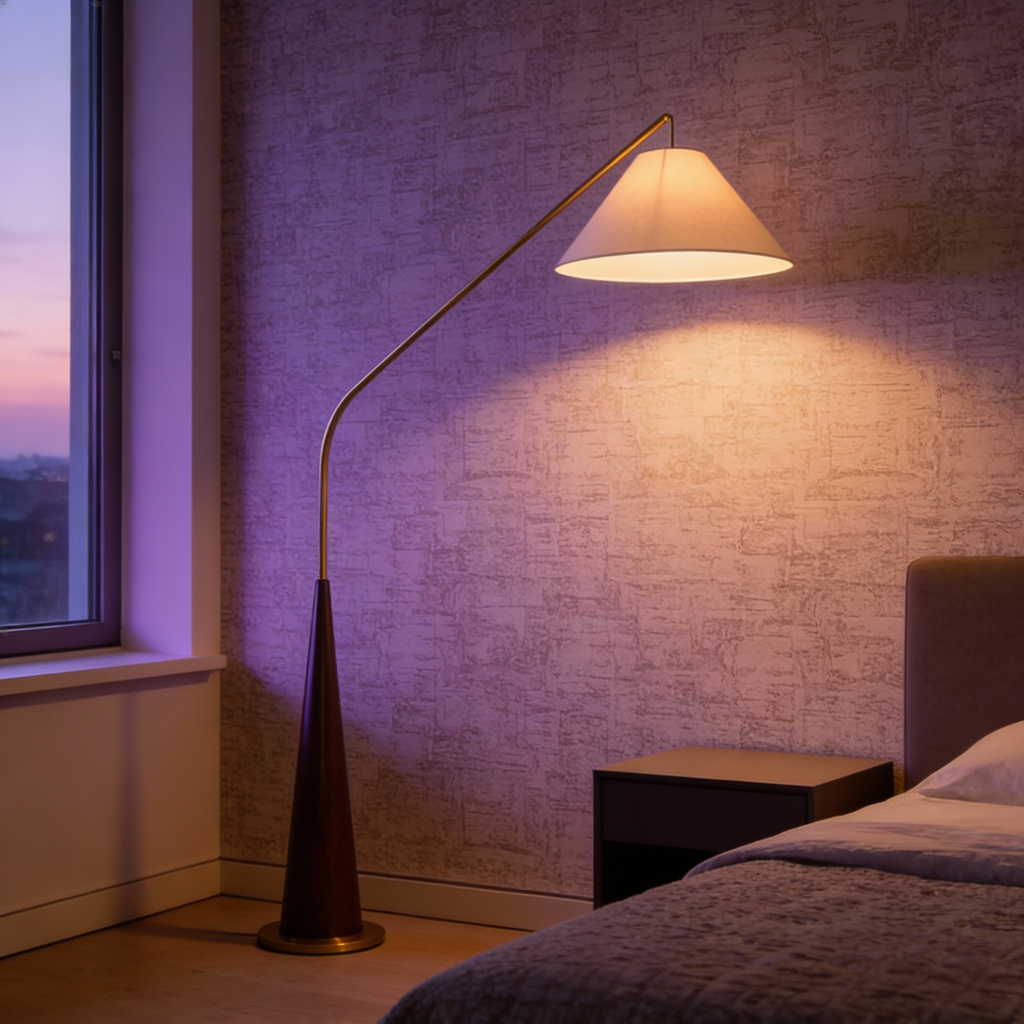 Modern Arc Floor Lamp with Wooden Base - Soft Ambient Lighting for Living Rooms