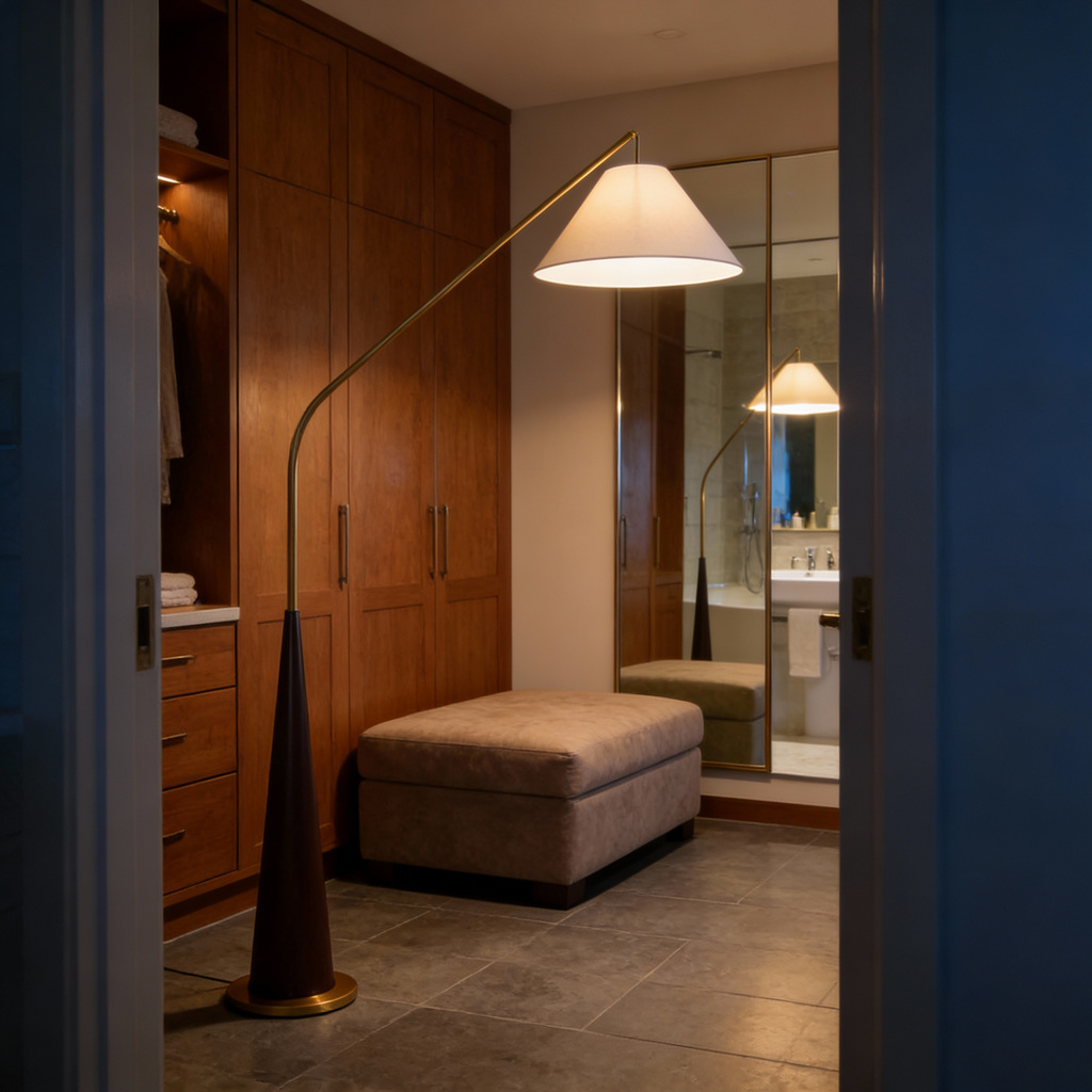 Modern Arc Floor Lamp with Wooden Base - Soft Ambient Lighting for Living Rooms