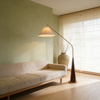 Modern Arc Floor Lamp with Wooden Base - Soft Ambient Lighting for Living Rooms