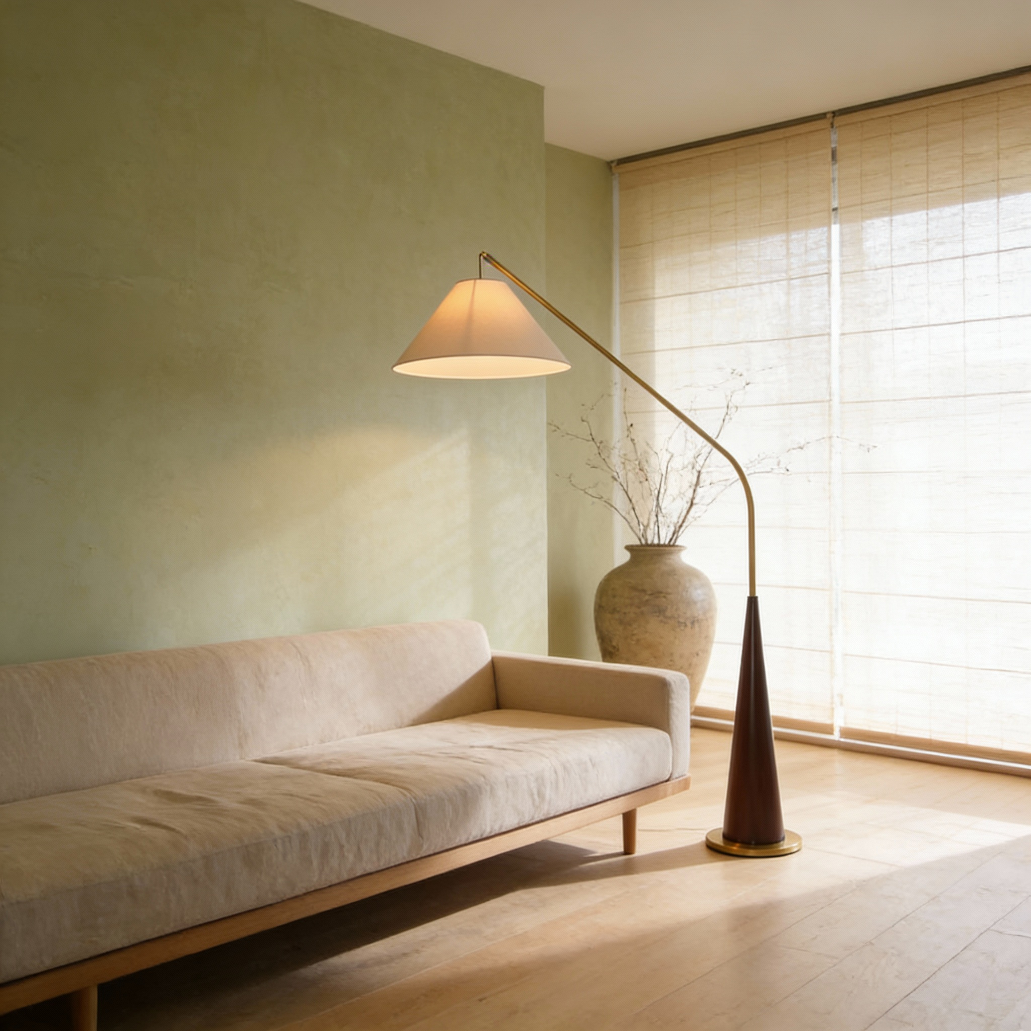 Modern Arc Floor Lamp with Wooden Base - Soft Ambient Lighting for Living Rooms
