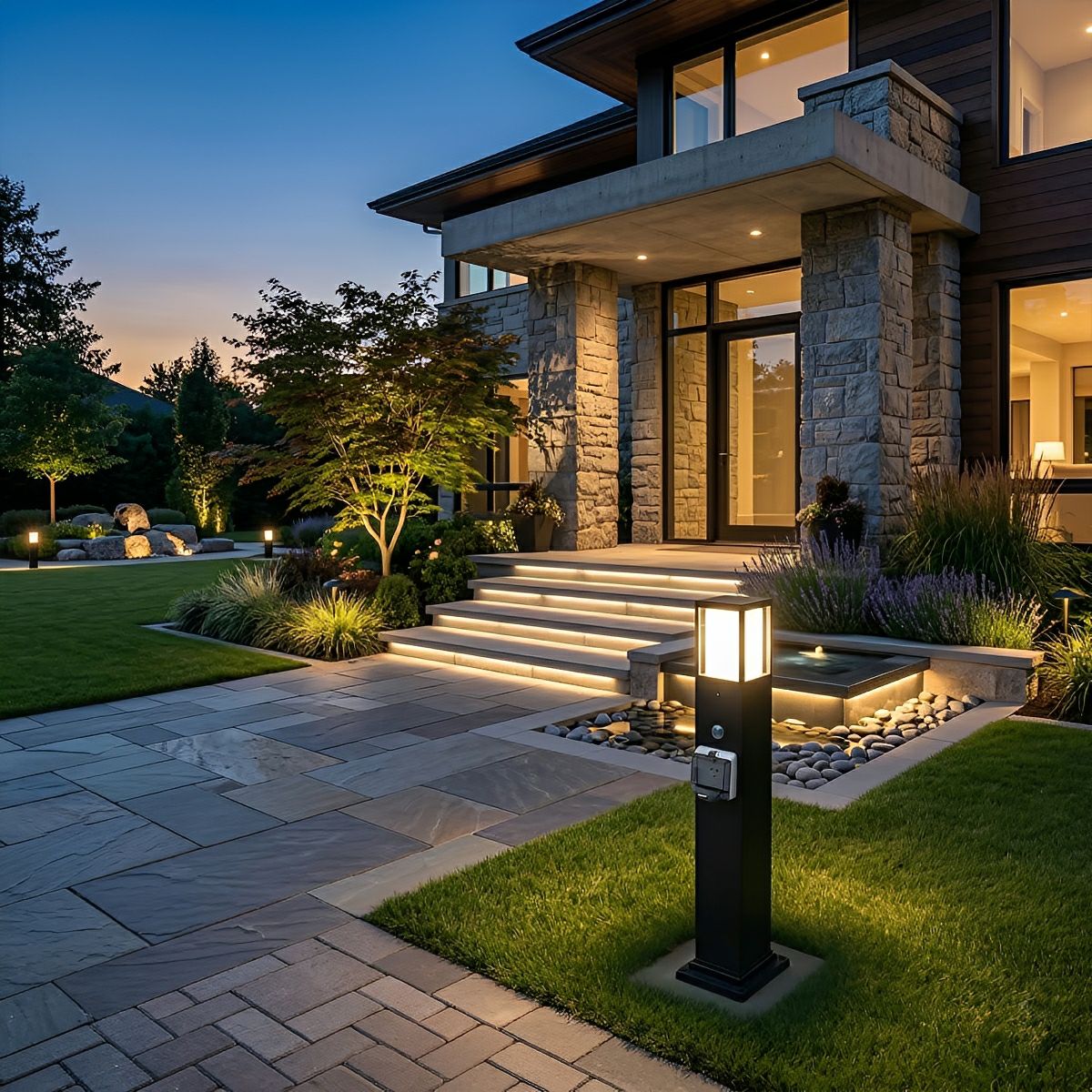 Modern Outdoor Pathway Lights | Solar LED Walkway Lights with Built-In Power Socket | Weather-Resistant Design for Safe Illumination