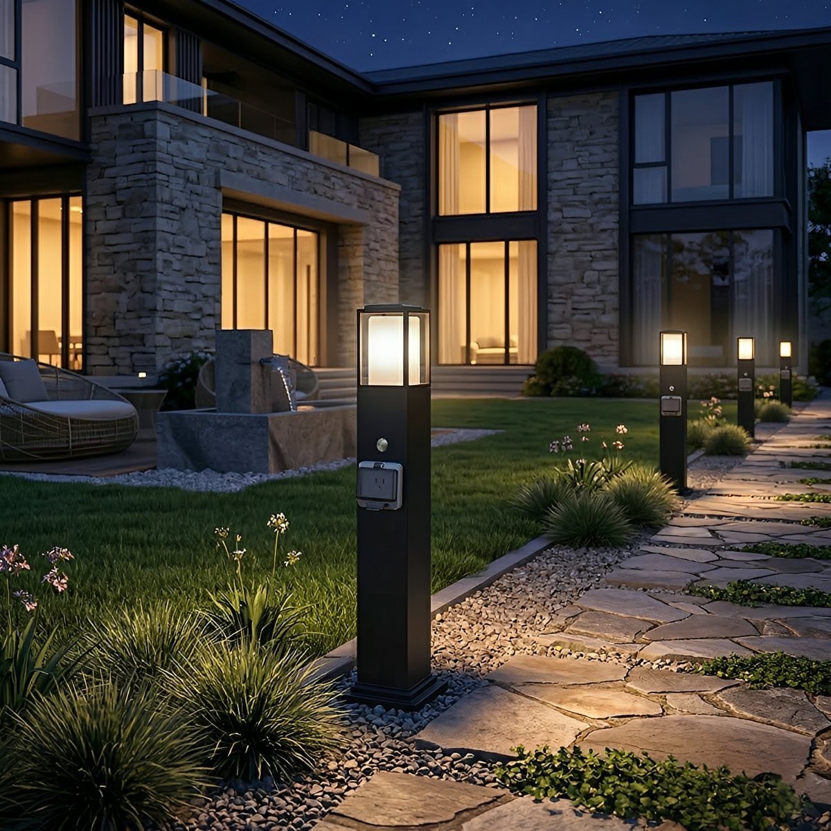 Modern Outdoor Pathway Lights | Solar LED Walkway Lights with Built-In Power Socket | Weather-Resistant Design for Safe Illumination