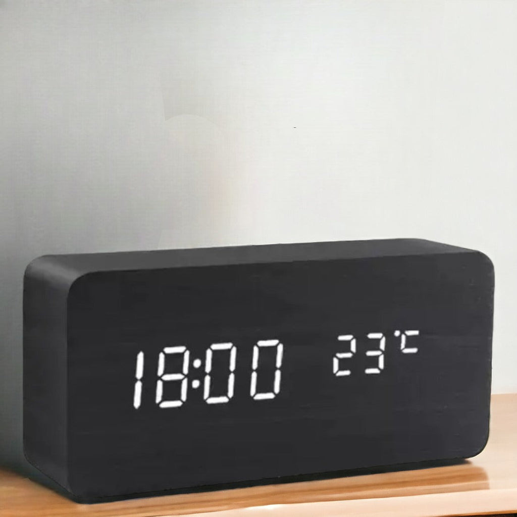 Modern Wood Digital Alarm Clock with Voice Control & Temperature Display | Sleek Design for Stylish Wake-Up