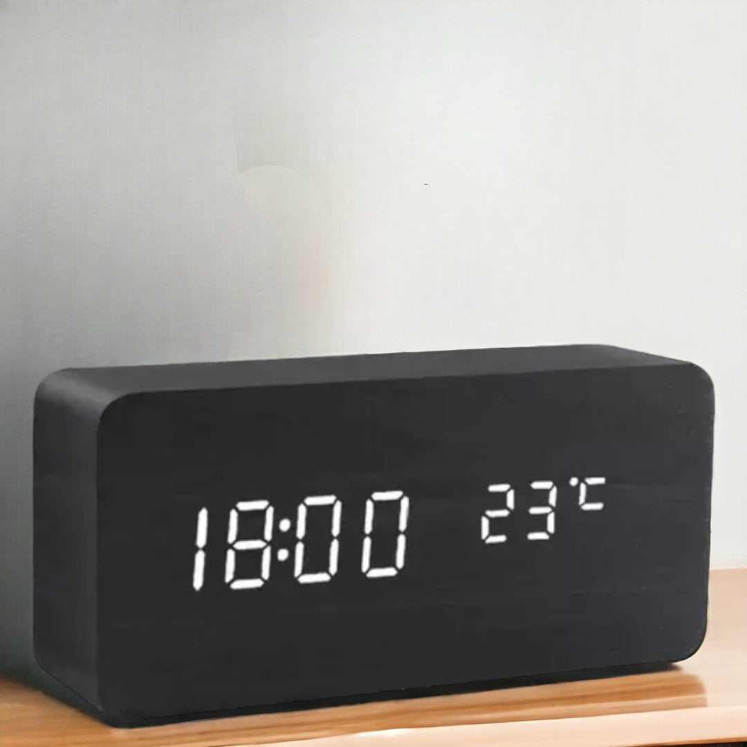 Modern Wood Digital Alarm Clock with Voice Control & Temperature Display | Sleek Design for Stylish Wake-Up