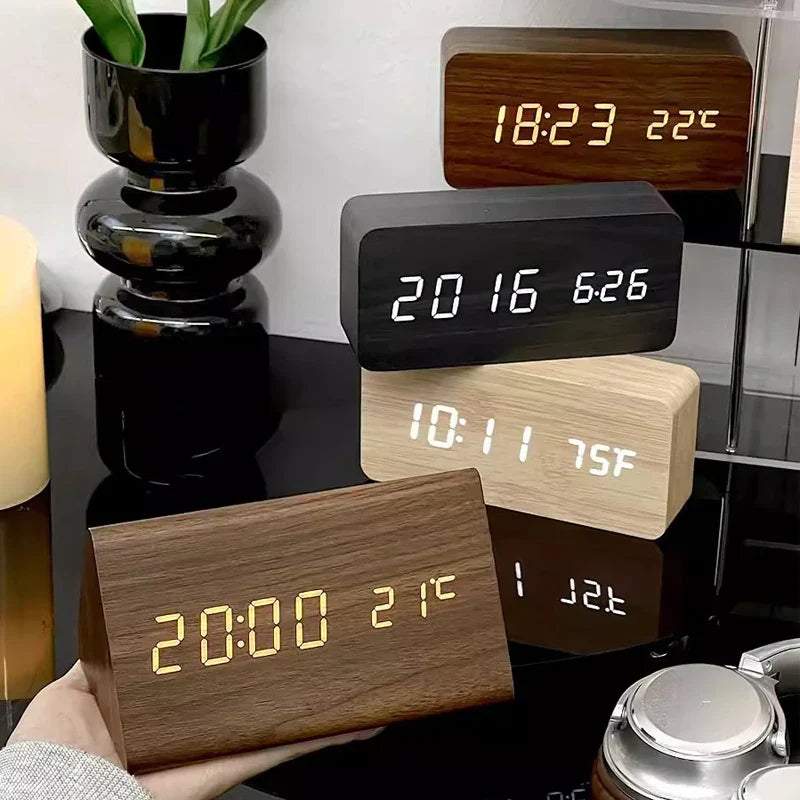 Modern Wood Digital Alarm Clock with Voice Control & Temperature Display | Sleek Design for Stylish Wake-Up