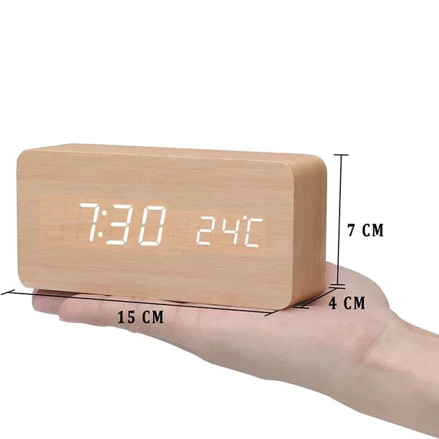 Modern Wood Digital Alarm Clock with Voice Control & Temperature Display | Sleek Design for Stylish Wake-Up