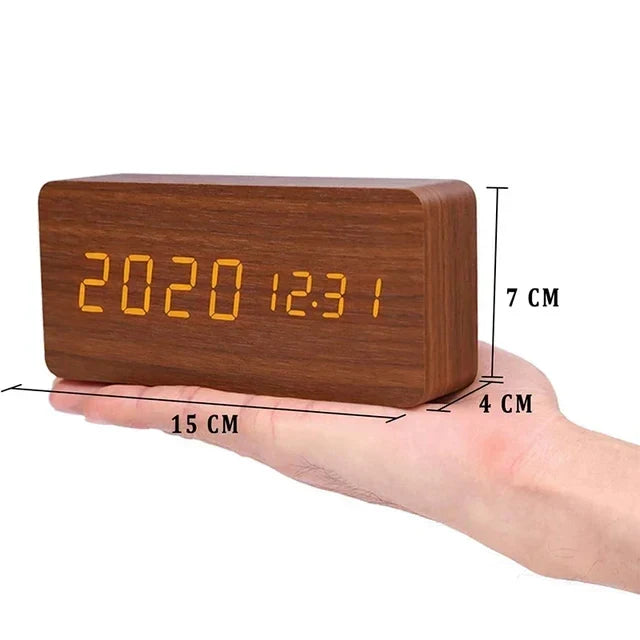 Modern Wood Digital Alarm Clock with Voice Control & Temperature Display | Sleek Design for Stylish Wake-Up