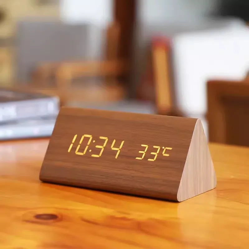 Modern Wood Digital Alarm Clock with Voice Control & Temperature Display | Sleek Design for Stylish Wake-Up