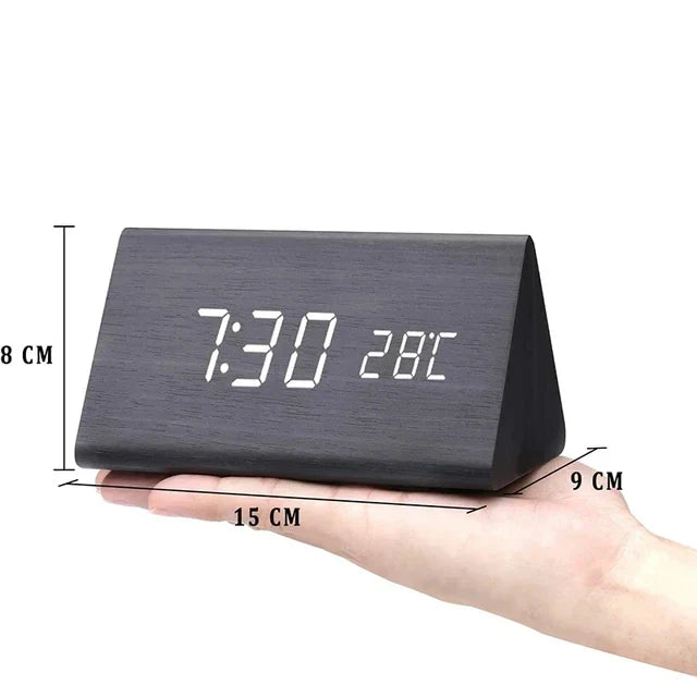 Modern Wood Digital Alarm Clock with Voice Control & Temperature Display | Sleek Design for Stylish Wake-Up