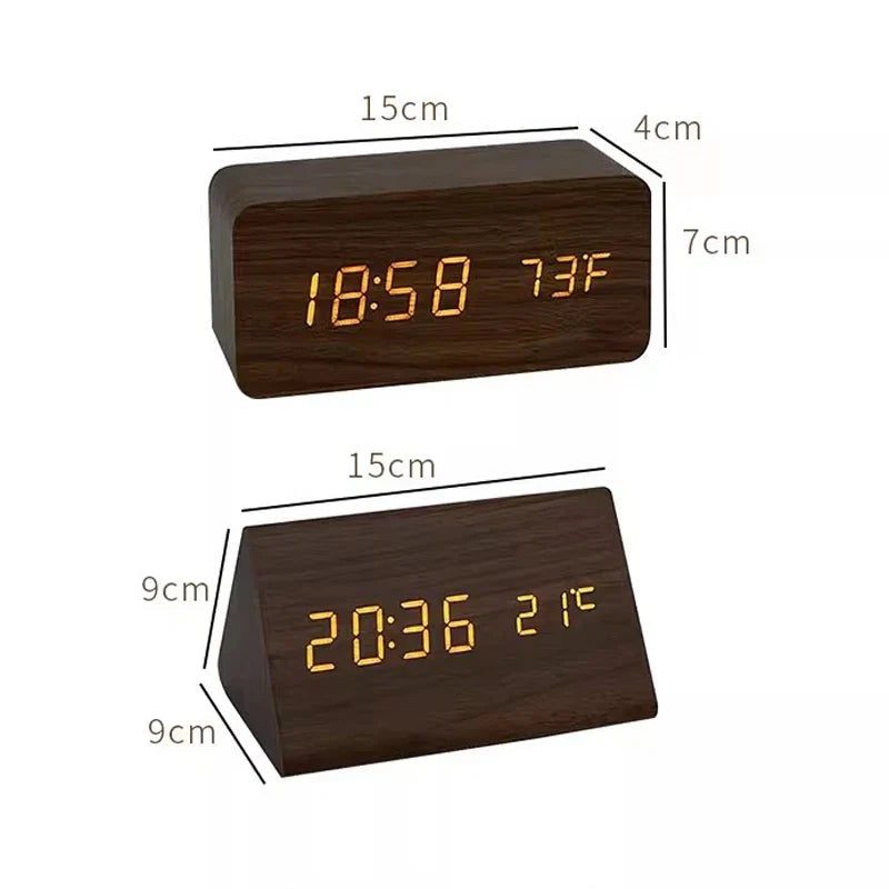 Modern Wood Digital Alarm Clock with Voice Control & Temperature Display | Sleek Design for Stylish Wake-Up