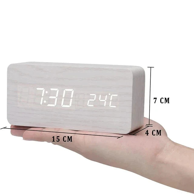 Modern Wood Digital Alarm Clock with Voice Control & Temperature Display | Sleek Design for Stylish Wake-Up