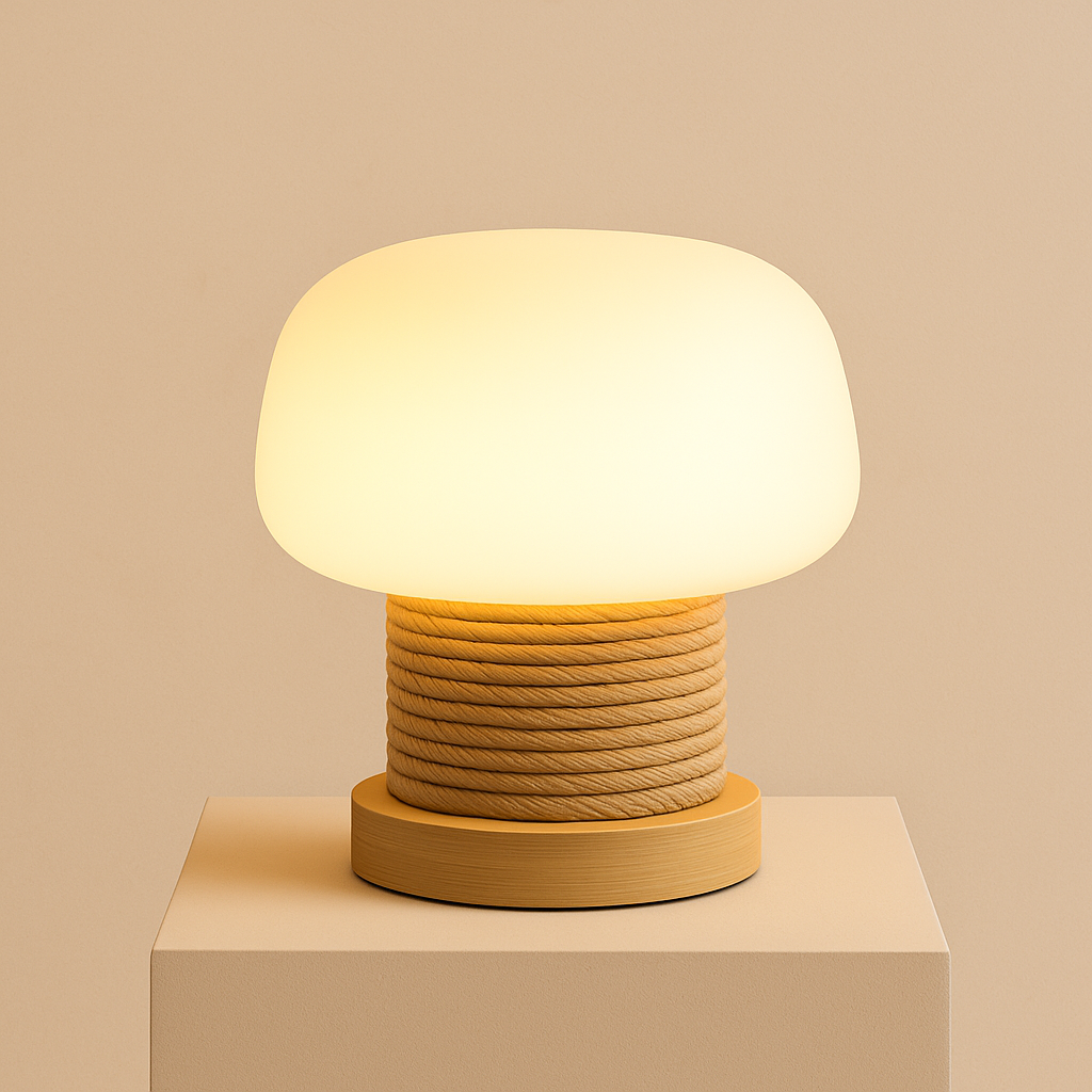 MushroomGlow | Wooden Table Lamp with Glass Shade & Japandi Style | Cozy Ambiance for Bedroom or Desk