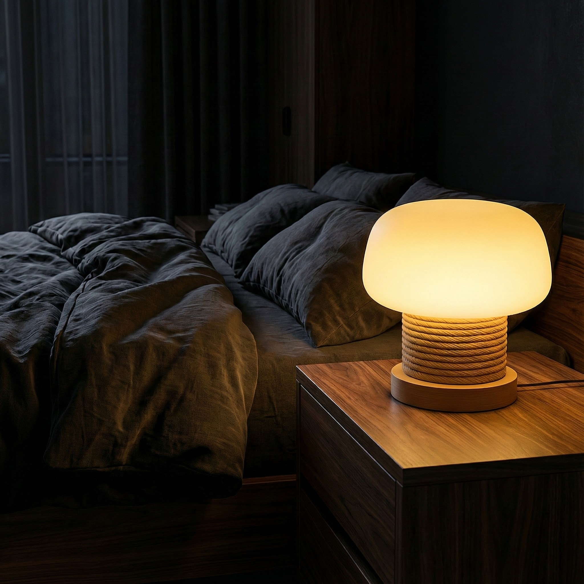 MushroomGlow | Wooden Table Lamp with Glass Shade & Japandi Style | Cozy Ambiance for Bedroom or Desk