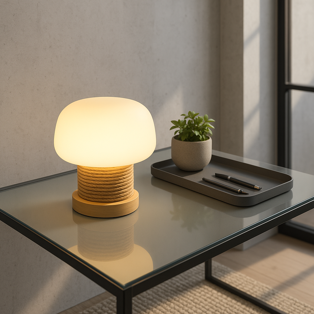 MushroomGlow | Wooden Table Lamp with Glass Shade & Japandi Style | Cozy Ambiance for Bedroom or Desk