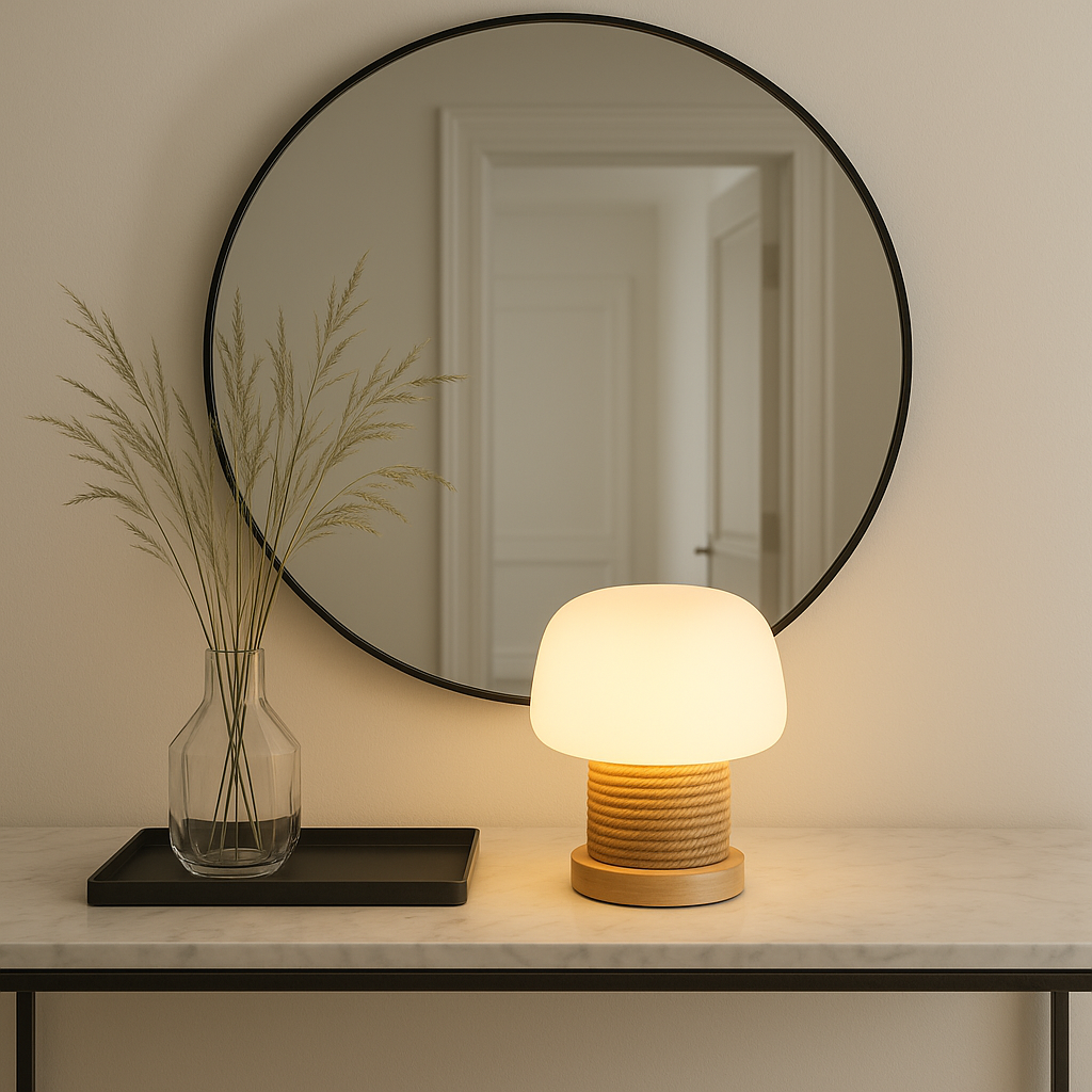 MushroomGlow | Wooden Table Lamp with Glass Shade & Japandi Style | Cozy Ambiance for Bedroom or Desk