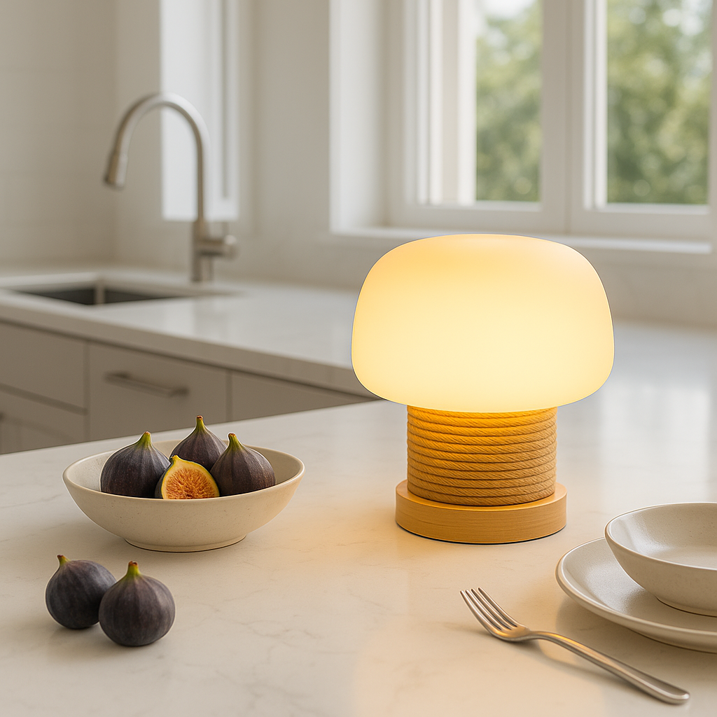 MushroomGlow | Wooden Table Lamp with Glass Shade & Japandi Style | Cozy Ambiance for Bedroom or Desk