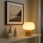 MushroomGlow | Wooden Table Lamp with Glass Shade & Japandi Style | Cozy Ambiance for Bedroom or Desk