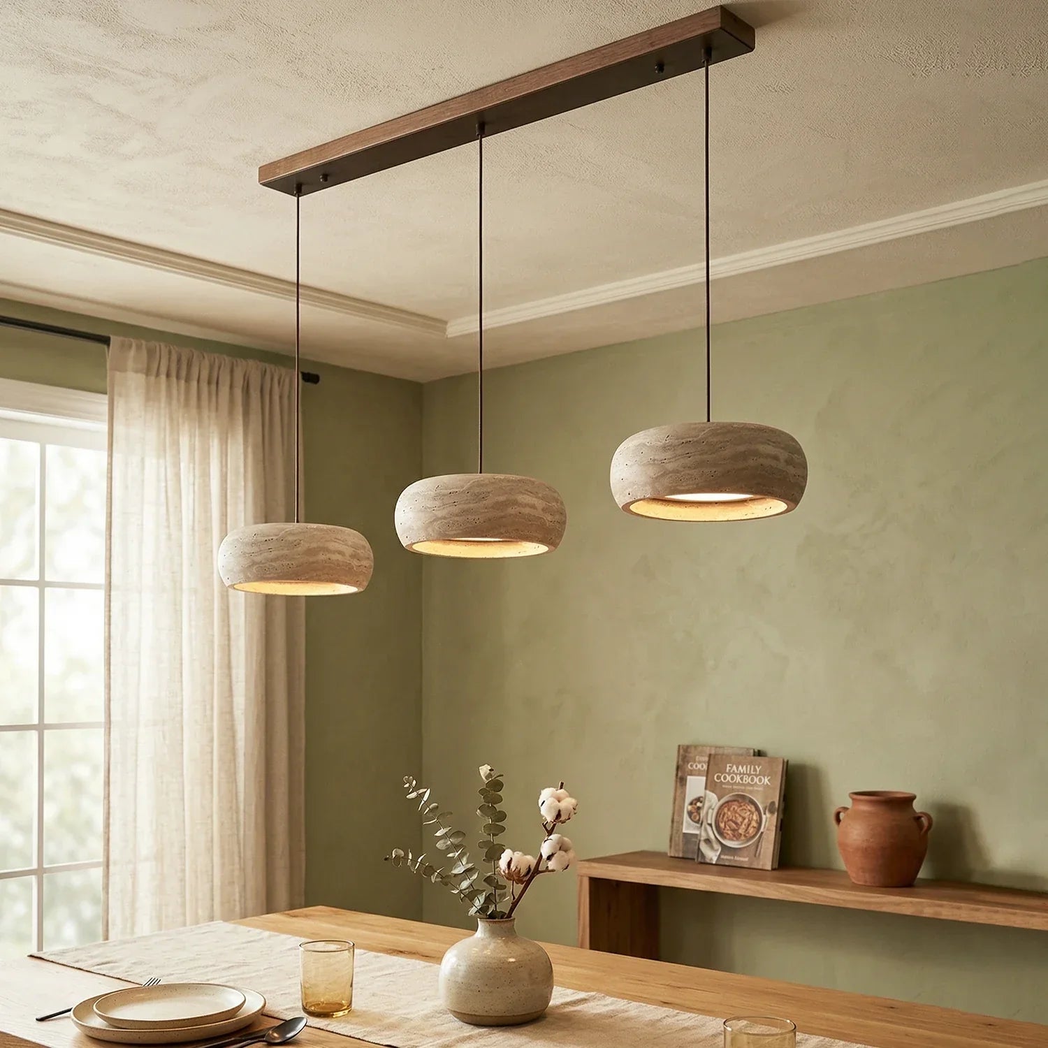 Natural Travertine Pendant Light | Organic Modern Design with Integrated LED | Unique Hanging Light for Warm Kitchen Ambiance