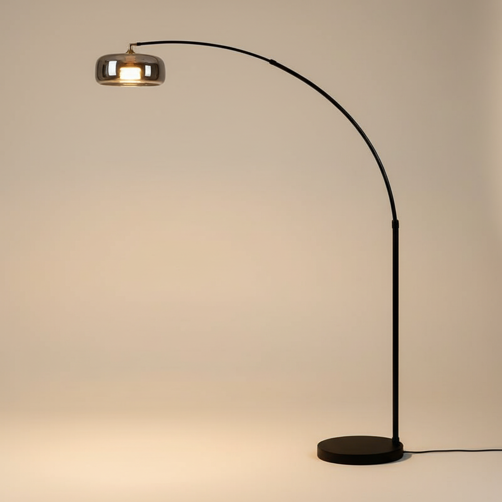 Tava Collection | Modern Black Arc Floor Lamp with Glass Shade | Stylish Ambient Lighting for Living Rooms
