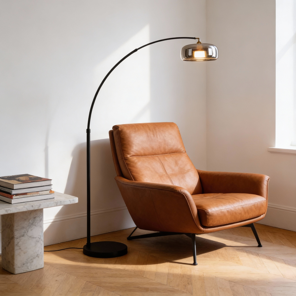 Tava Collection | Modern Black Arc Floor Lamp with Glass Shade | Stylish Ambient Lighting for Living Rooms