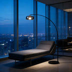 Tava Collection | Modern Black Arc Floor Lamp with Glass Shade | Stylish Ambient Lighting for Living Rooms