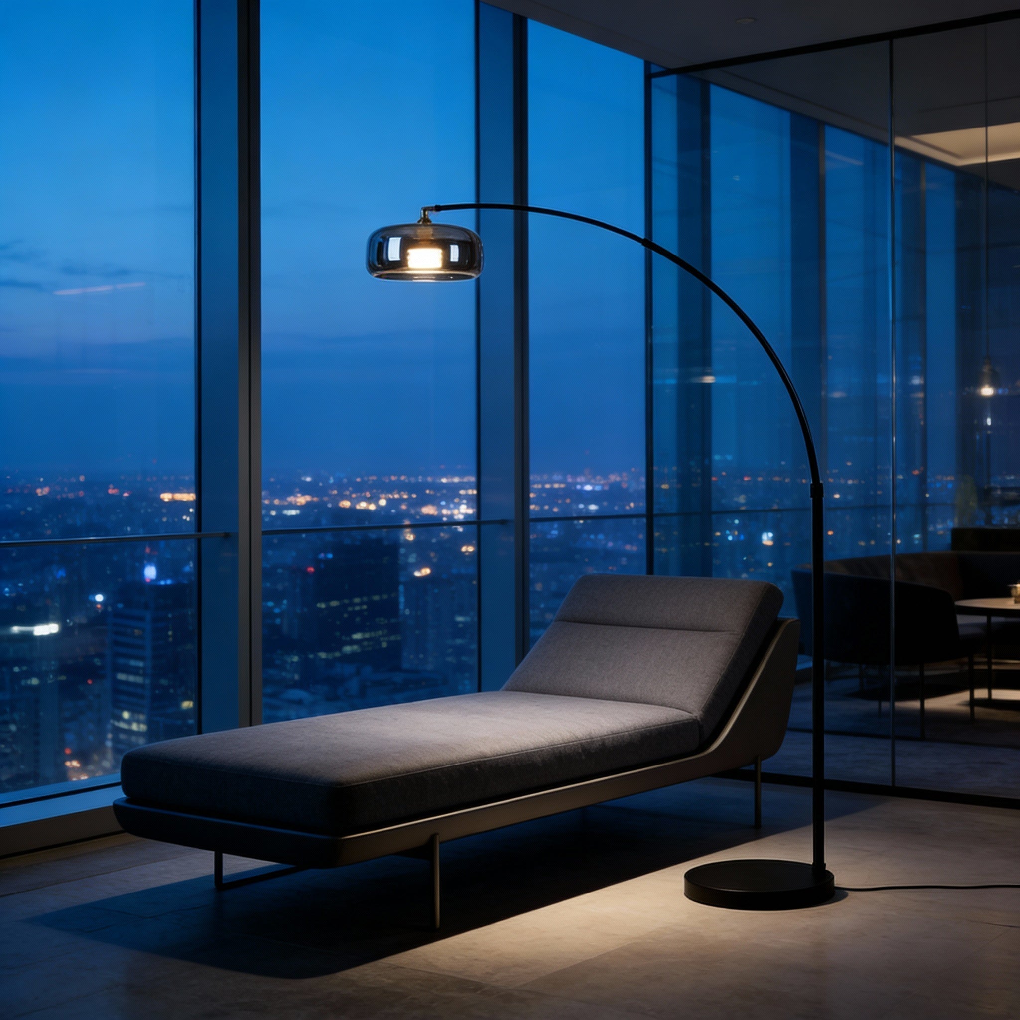 Tava Collection | Modern Black Arc Floor Lamp with Glass Shade | Stylish Ambient Lighting for Living Rooms