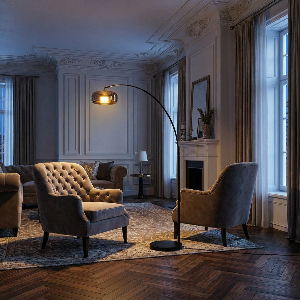Tava Collection | Modern Black Arc Floor Lamp with Glass Shade | Stylish Ambient Lighting for Living Rooms