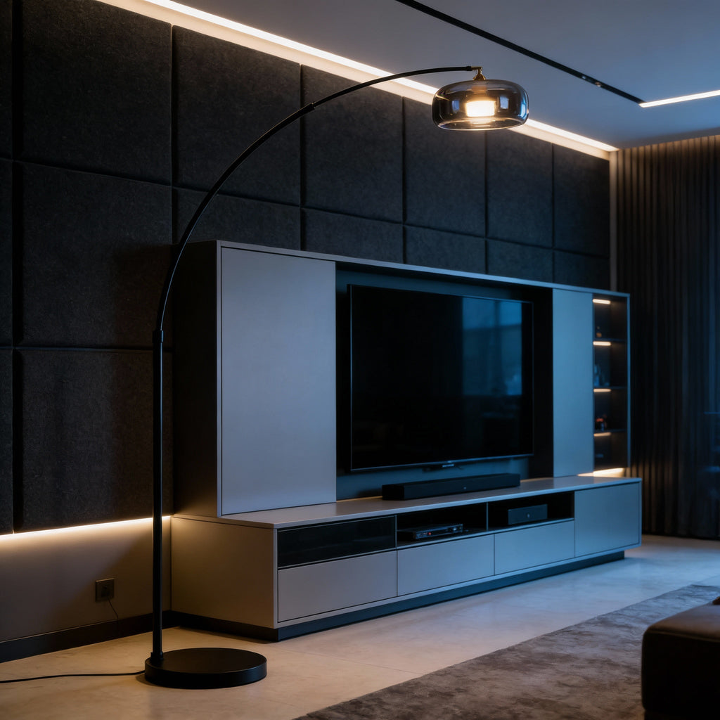 Tava Collection | Modern Black Arc Floor Lamp with Glass Shade | Stylish Ambient Lighting for Living Rooms
