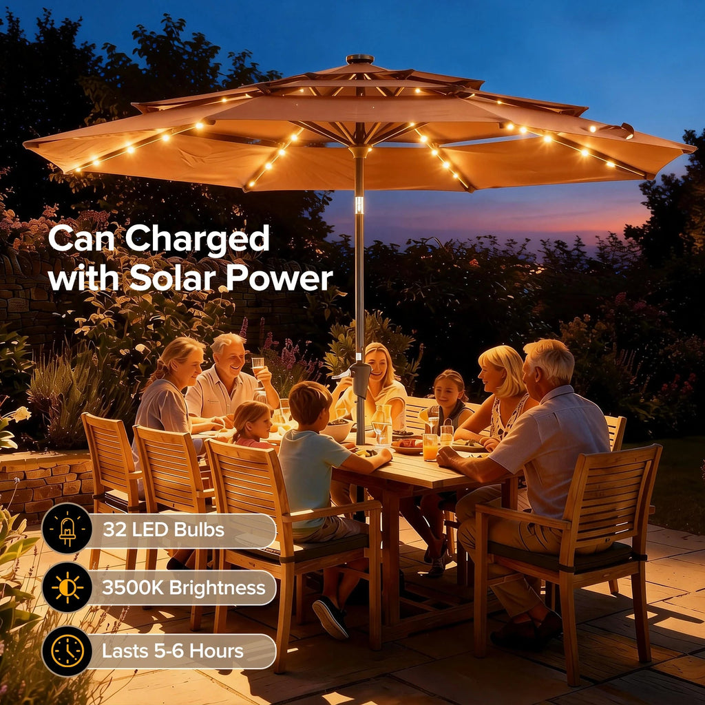 Versatile 10FT Outdoor Umbrella with Solar LED Lights | Durable Shade for Evening Gatherings