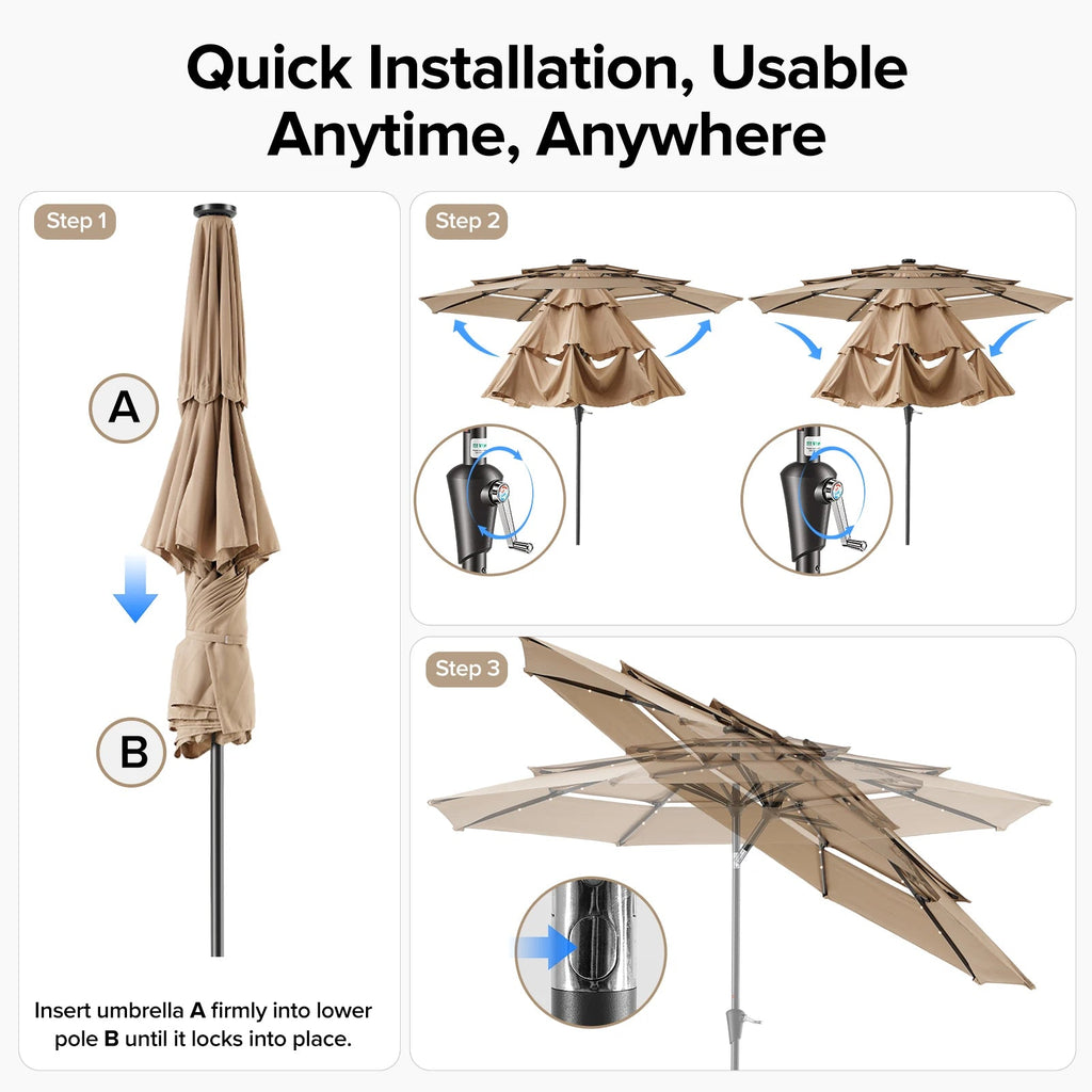 Versatile 10FT Outdoor Umbrella with Solar LED Lights | Durable Shade for Evening Gatherings