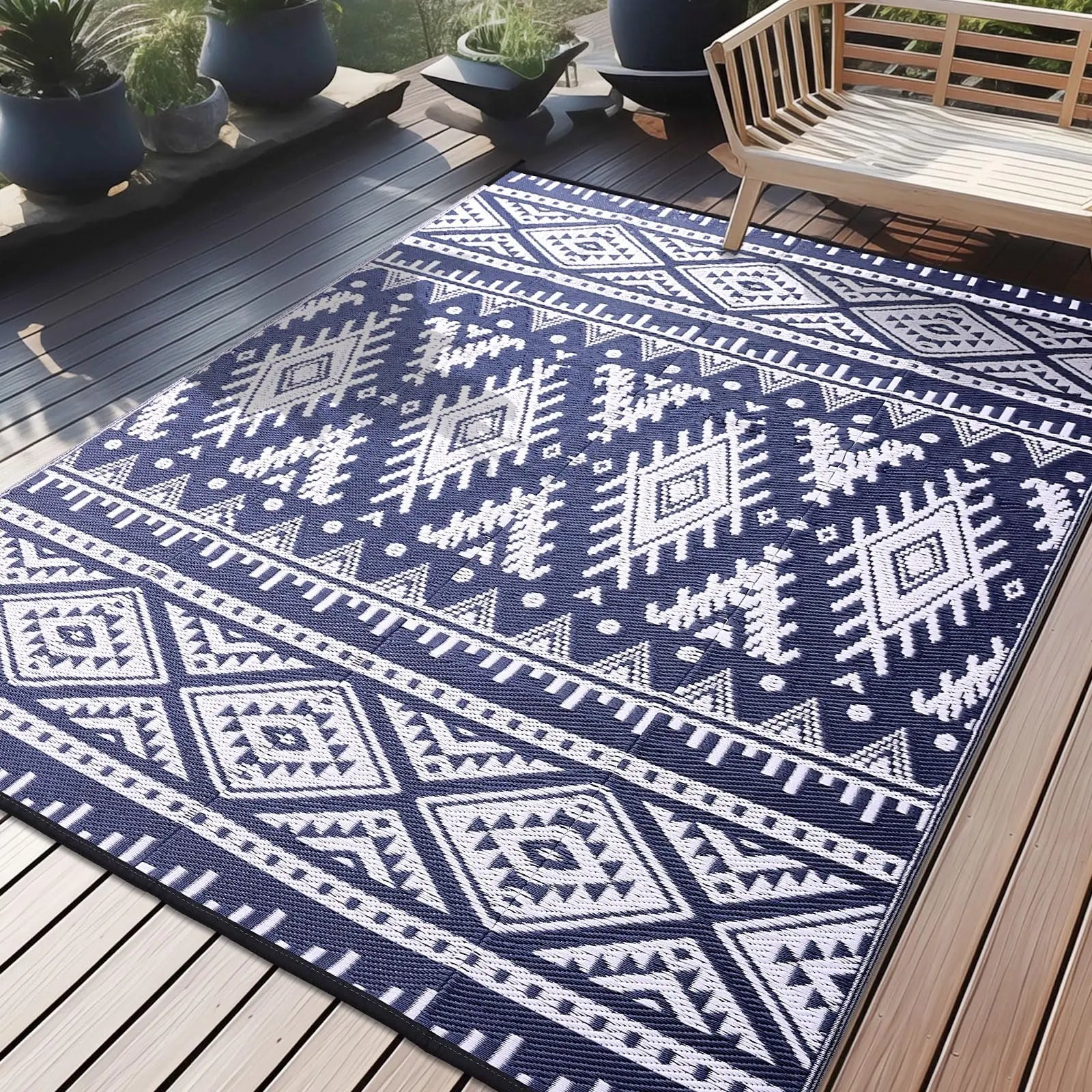 Versatile Outdoor Rug | Waterproof Reversible Mat with Geometric Design | Lightweight for Easy Indoor-Outdoor Use