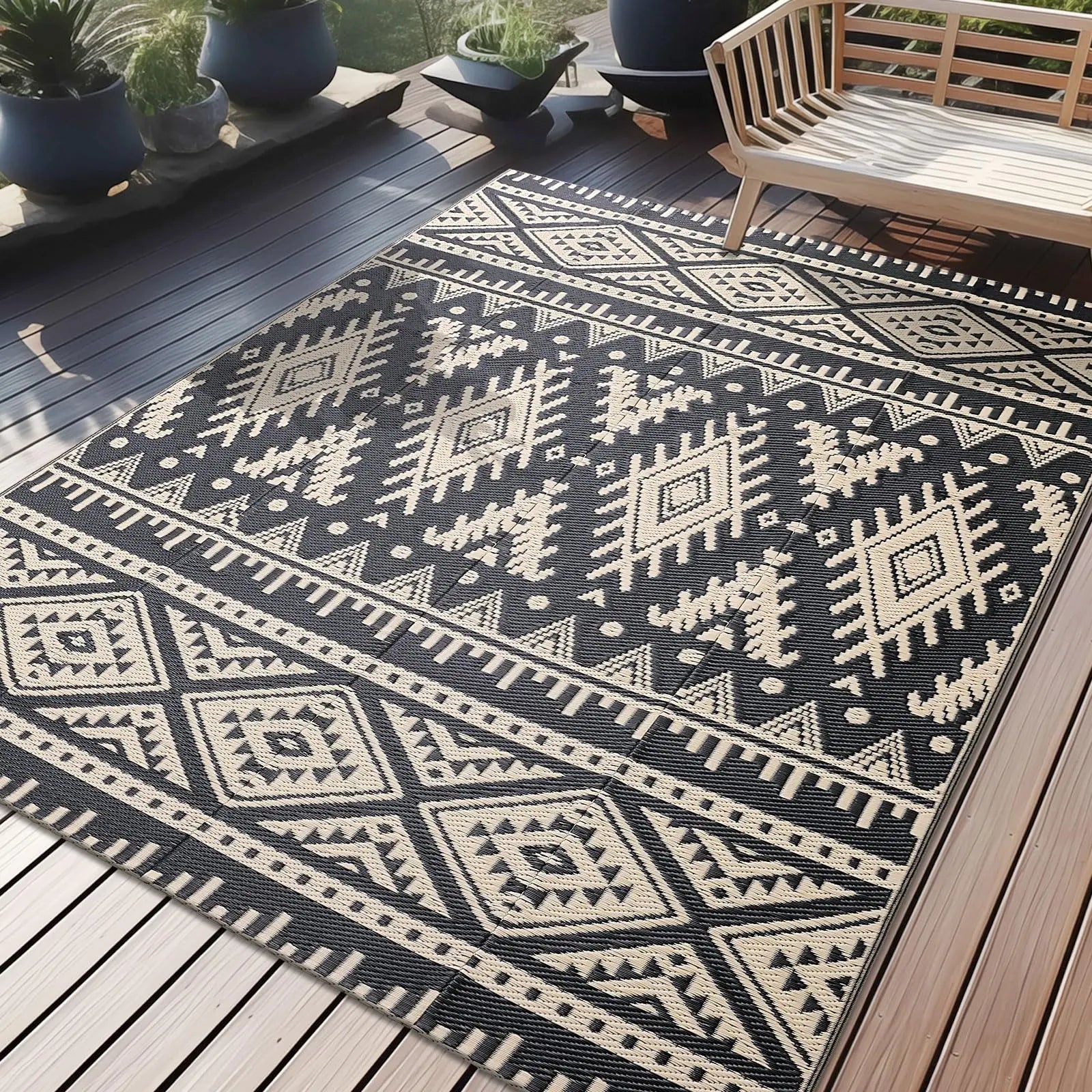 Versatile Outdoor Rug | Waterproof Reversible Mat with Geometric Design | Lightweight for Easy Indoor-Outdoor Use
