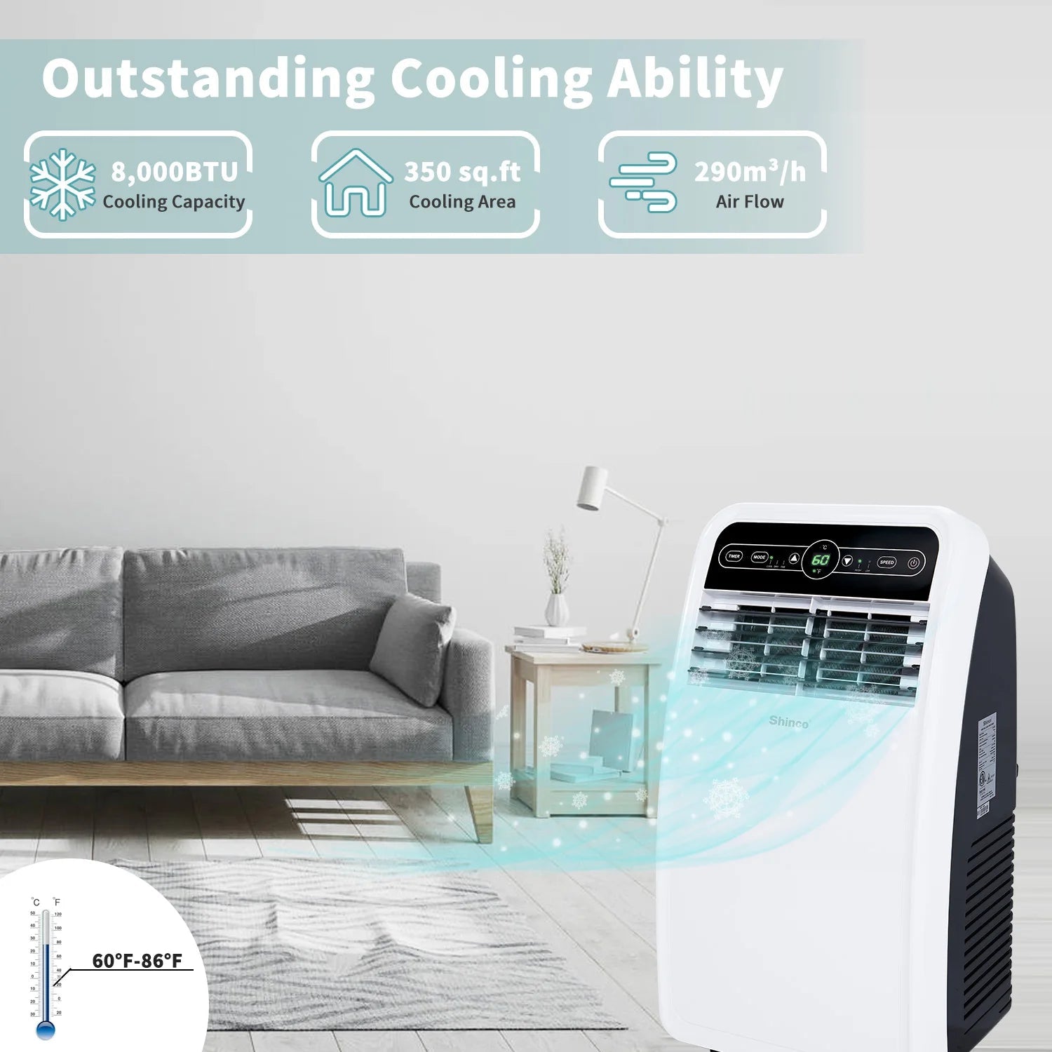 Versatile Portable AC Unit | 8,000 BTU Cooling & Dehumidifier for Year-Round Comfort